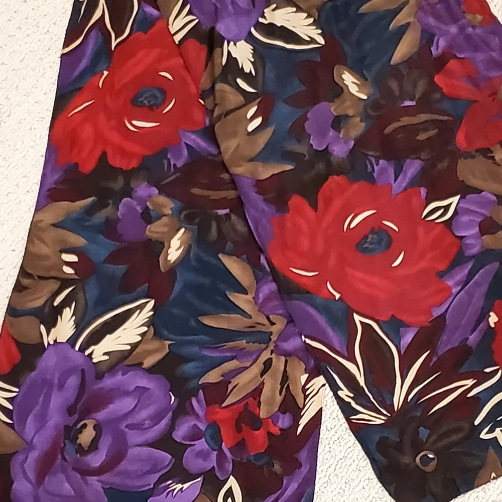 Vintage Axcess 100% Silk Long Floral Scarf, Deep Colors Purple/Teal/Red, EUC